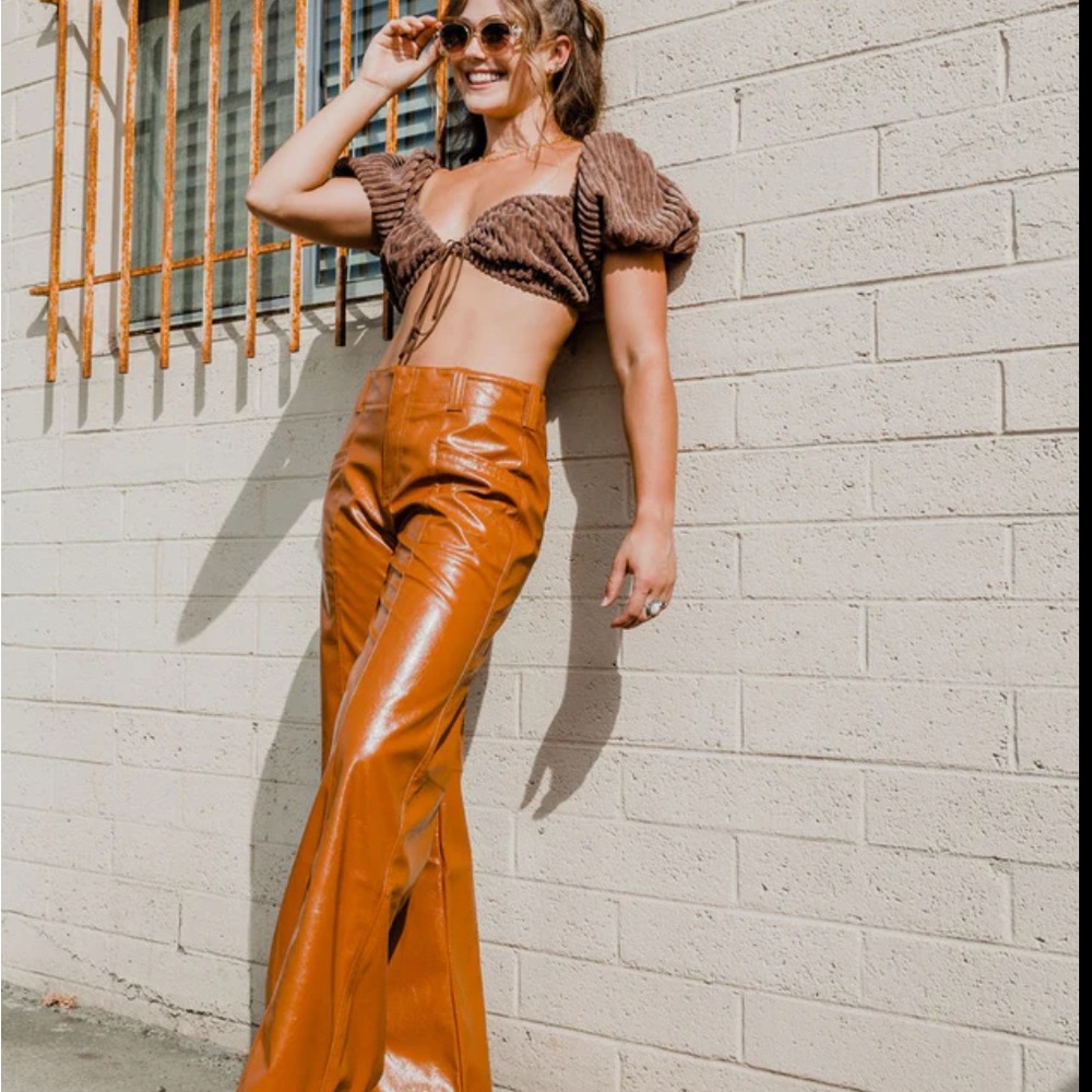 Brown patent leather wide leg pants